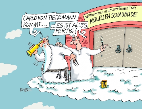 Cartoon: Carlos Schaubude (medium) by RABE tagged sigmund,jähn,rabea,rogge,weltall,raumschiff,kosmonautin,mission,erdpole,rabe,ralf,böhme,cartoon,karikatur,pressezeichnung,farbcartoon,tagescartoon,himmel,himmelreich,gott,petrus,wolken,himmelspforte,himmelstor,carlo,von,tiedemann,schaubude,moderator,ndr,kultfigur,tv,radio,discjockey,vip,sigmund,jähn,rabea,rogge,weltall,raumschiff,kosmonautin,mission,erdpole,rabe,ralf,böhme,cartoon,karikatur,pressezeichnung,farbcartoon,tagescartoon,himmel,himmelreich,gott,petrus,wolken,himmelspforte,himmelstor,carlo,von,tiedemann,schaubude,moderator,ndr,kultfigur,tv,radio,discjockey,vip
