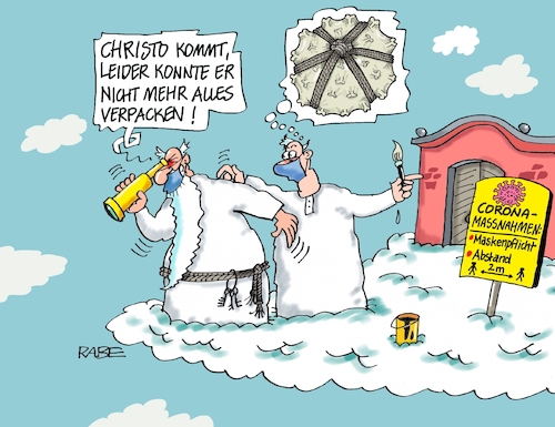 Cartoon: Christoverhülltes (medium) by RABE tagged virus,corona,pandemie,coronakrise,rabe,ralf,böhme,cartoon,karikatur,pressezeichnung,farbcartoon,tagescartoon,viren,virenschutz,mundschutz,desinfektion,föderal,föderalismus,ländersache,christo,verpackung,verhüllung,verpackungskünstler,new,york,reichstag,tod,himmel,petrus,himmelstor,virus,corona,pandemie,coronakrise,rabe,ralf,böhme,cartoon,karikatur,pressezeichnung,farbcartoon,tagescartoon,viren,virenschutz,mundschutz,desinfektion,föderal,föderalismus,ländersache,christo,verpackung,verhüllung,verpackungskünstler,new,york,reichstag,tod,himmel,petrus,himmelstor