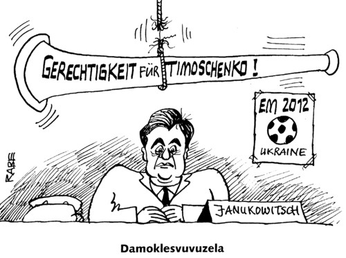 Cartoon: Damoklesschwert (medium) by RABE tagged fußball,em,ukraine,kiew,janukowitsch,timoschenko,vuvuzela,oppositionsführerin,gerechtigkeit,recht,freiheit,fußball,ukraine,janukowitsch,oppositionsführerin,timoschenko,gefängnis,haft,gerechtigkeit,em