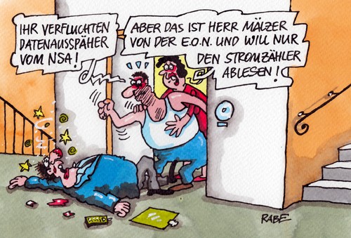 Cartoon: Datenausspäher (medium) by RABE tagged usa,nsa,prism,snowden,spähprogramm,ausspähen,internet,datenklau,asyl,geheimdienste,schnüffler,rabe,ralf,böhme,cartoon,karikatur,pressezeichnung,farbcartoon,stromanbieter,stromkonzerne,eno,yellowstrom,strom,energiewende,altmaier,stromzähler,stromkosten,stromableser,streit,krawall,handgreiflichkeit,schlägerei,treppenhaus,obama,internetüberwachung,usa,nsa,prism,snowden,spähprogramm,ausspähen,internet,datenklau,asyl,geheimdienste,schnüffler,rabe,ralf,böhme,cartoon,karikatur,pressezeichnung,farbcartoon,stromanbieter,stromkonzerne,eno,yellowstrom,strom,energiewende,altmaier,stromzähler,stromkosten,stromableser,streit,krawall,handgreiflichkeit,schlägerei,treppenhaus,obama,internetüberwachung