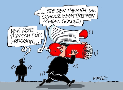 Cartoon: Der Rote Teppich (medium) by RABE tagged ampelregierung,scholz,spd,grüne,fdp,lindner,kinder,kindergrundsicherung,rabe,ralf,böhme,cartoon,karikatur,pressezeichnung,farbcartoon,tagescartoon,hausmeister,ohren,zähne,staatsbesuch,erdogan,themen,teppich,türkei,themenliste,meinungsverschiedenheiten,ampelregierung,scholz,spd,grüne,fdp,lindner,kinder,kindergrundsicherung,rabe,ralf,böhme,cartoon,karikatur,pressezeichnung,farbcartoon,tagescartoon,hausmeister,ohren,zähne,staatsbesuch,erdogan,themen,teppich,türkei,themenliste,meinungsverschiedenheiten