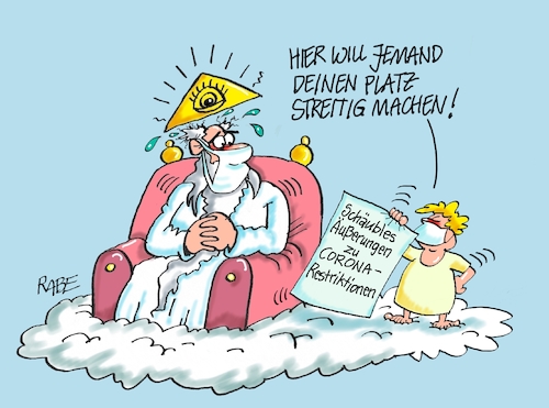 Cartoon: Der Staat spielt Gott (medium) by RABE tagged virus,corona,pandemie,coronakrise,rabe,ralf,böhme,cartoon,karikatur,pressezeichnung,farbcartoon,tagescartoon,viren,virenschutz,mundschutz,desinfektion,föderal,föderalismus,ländersache,wolfgang,schäuble,bundestagspräsident,cdu,gott,himmel,herrgott,engel,wolke,staat,himmelreich,genesis,leben,tod,äußerungen,restriktionen,vorrang,menschenwürde,maske,abstandsregelungen,virus,corona,pandemie,coronakrise,rabe,ralf,böhme,cartoon,karikatur,pressezeichnung,farbcartoon,tagescartoon,viren,virenschutz,mundschutz,desinfektion,föderal,föderalismus,ländersache,wolfgang,schäuble,bundestagspräsident,cdu,gott,himmel,herrgott,engel,wolke,staat,himmelreich,genesis,leben,tod,äußerungen,restriktionen,vorrang,menschenwürde,maske,abstandsregelungen