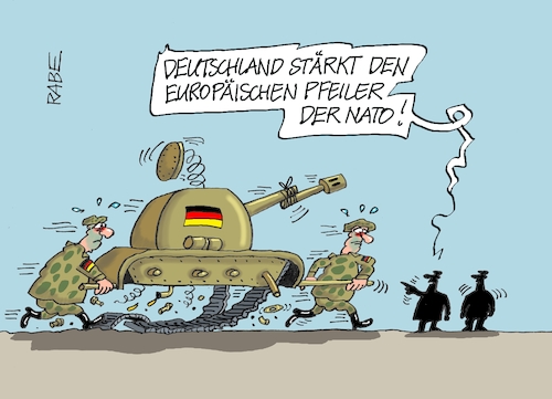Cartoon: Deutscher Pfeiler (medium) by RABE tagged merz,union,kanzler,fritze,koalition,spd,klingbeil,bundesregierung,rabe,ralf,böhme,cartoon,karikatur,pressezeichnung,farbcartoon,tagescartoon,fett,fettnapf,drecksarbeit,stelzen,training,nato,rütte,treffen,stärkung,deutschland,pfeiler,bundeswehr,panzer,schrott,merz,union,kanzler,fritze,koalition,spd,klingbeil,bundesregierung,rabe,ralf,böhme,cartoon,karikatur,pressezeichnung,farbcartoon,tagescartoon,fett,fettnapf,drecksarbeit,stelzen,training,nato,rütte,treffen,stärkung,deutschland,pfeiler,bundeswehr,panzer,schrott