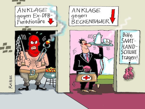 Cartoon: DFB samt Folter (medium) by RABE tagged wm,fußball,weltmeisterschaft,franz,beckenbauer,anklage,schweiz,bundesanwaltschaft,rabe,ralf,böhme,cartoon,karikatur,pressezeichnung,farbcartoon,tagescartoon,dfb,funktionäre,niersbach,zwanziger,bestechung,euros,skandal,schmidt,betrug,wm,fußball,weltmeisterschaft,franz,beckenbauer,anklage,schweiz,bundesanwaltschaft,rabe,ralf,böhme,cartoon,karikatur,pressezeichnung,farbcartoon,tagescartoon,dfb,funktionäre,niersbach,zwanziger,bestechung,euros,skandal,schmidt,betrug