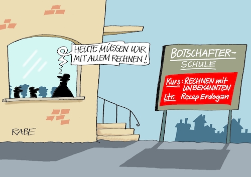 Cartoon: Diplomatisches (medium) by RABE tagged türkei,erdogan,istanbul,ankara,botschafter,diplomaten,ausweisung,unerwünschte,person,aussenminister,rabe,ralf,böhme,cartoon,karikatur,pressezeichnung,farbcartoon,tagescartoon,menschenrechte,pressefreiheit,gefängnis,diplomatenschule,botschafterschule,schulklasse,rechnen,unbekannte,kurs,kursleiter,türkei,erdogan,istanbul,ankara,botschafter,diplomaten,ausweisung,unerwünschte,person,aussenminister,rabe,ralf,böhme,cartoon,karikatur,pressezeichnung,farbcartoon,tagescartoon,menschenrechte,pressefreiheit,gefängnis,diplomatenschule,botschafterschule,schulklasse,rechnen,unbekannte,kurs,kursleiter