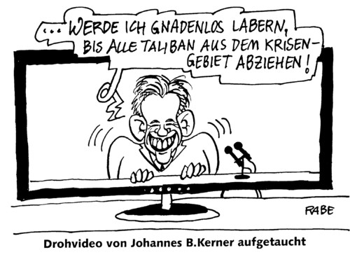 Cartoon: Drohvideo (medium) by RABE tagged taliban,afghanistan,guttenberg,drohvideo,videobotschaft,labern,talkshow,flachbildfernseher,mikro,tv,euro,einschaltquote,einschaltquote,tv,fernesehen,show,videobotschaft,kerner,afghanistan,guttenberg,konflikt,militär,mikro,flachbilfernseher,verteidigungsminister,kamera,talkshow,studio,taliban,krisenherd,zuschauer