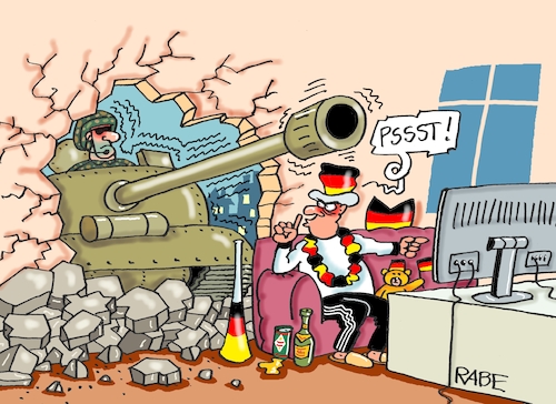 Cartoon: Durchbruch (medium) by RABE tagged fußball,fussball,bundesliga,meistertitel,fußballer,bayern,münchen,bayer,leverkusen,rabe,ralf,böhme,cartoon,karikatur,pressezeichnung,frabcartoon,tagescartoon,schild,meister,schuß,ecke,eckball,sport,em,europameisterschaft,fan,deutschland,wohnzimmer,tv,fernseher,vuvuzela,wand,mauer,durchbruch,trümmer,panzer,kanonenrohr,ukrainekrieg,fußball,fussball,bundesliga,meistertitel,fußballer,bayern,münchen,bayer,leverkusen,rabe,ralf,böhme,cartoon,karikatur,pressezeichnung,frabcartoon,tagescartoon,schild,meister,schuß,ecke,eckball,sport,em,europameisterschaft,fan,deutschland,wohnzimmer,tv,fernseher,vuvuzela,wand,mauer,durchbruch,trümmer,panzer,kanonenrohr,ukrainekrieg