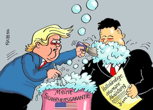 Cartoon: Eingeseift (medium) by RABE tagged kim,jong,un,moon,nordkorea,südkorea,brücke,frieden,atomwaffenabbau,rabe,ralf,böhme,cartoon,karikatur,pressezeichnung,farbcartoon,tagescartoon,machthaber,abrüstung,atomraketen,treffen,trump,president,usa,friedensabkommen,deal,singapur,rasierpinsel,schneebesen,schaum,seifenschaum,seifenblasen,rasur,kim,jong,un,moon,nordkorea,südkorea,brücke,frieden,atomwaffenabbau,rabe,ralf,böhme,cartoon,karikatur,pressezeichnung,farbcartoon,tagescartoon,machthaber,abrüstung,atomraketen,treffen,trump,president,usa,friedensabkommen,deal,singapur,rasierpinsel,schneebesen,schaum,seifenschaum,seifenblasen,rasur