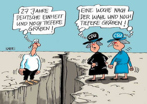 Cartoon: Einheitsbrei (medium) by RABE tagged deutsche,einheit,feiertag,oktober,einheitsbrei,ost,west,ossi,wessei,gräben,union,csu,cdu,schwesternparteien,rabe,ralf,böhme,cartoon,karikatur,pressezeichnung,farbcartoon,tagescartoon,graben,schluchten,annäherung,deutsche,einheit,feiertag,oktober,einheitsbrei,ost,west,ossi,wessei,gräben,union,csu,cdu,schwesternparteien,rabe,ralf,böhme,cartoon,karikatur,pressezeichnung,farbcartoon,tagescartoon,graben,schluchten,annäherung