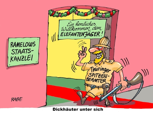 Cartoon: Elefantenjäger (medium) by RABE tagged ramelow,linke,staatskanzlei,thüringen,ministerpräsident,spitzenbeamter,rabe,ralf,böhme,cartoon,tagescartoon,farbcartoon,pressezeichnung,afrika,elefant,elfenbein,posten,ramelow,linke,staatskanzlei,thüringen,ministerpräsident,spitzenbeamter,rabe,ralf,böhme,cartoon,tagescartoon,farbcartoon,pressezeichnung,afrika,elefant,elfenbein,posten