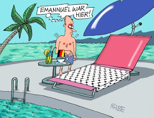 Cartoon: Emmanuel war schneller (medium) by RABE tagged merz,union,kanzler,fritze,koalition,spd,klingbeil,bundesregierung,rabe,ralf,böhme,cartoon,karikatur,pressezeichnung,farbcartoon,tagescartoon,trump,putin,krisen,tv,nachrichten,emmanuel,macron,frankreich,deutschland,palästina,anerkennung,israel,hams,gazakrieg,handtuch,liege,urlaub,pool,merz,union,kanzler,fritze,koalition,spd,klingbeil,bundesregierung,rabe,ralf,böhme,cartoon,karikatur,pressezeichnung,farbcartoon,tagescartoon,trump,putin,krisen,tv,nachrichten,emmanuel,macron,frankreich,deutschland,palästina,anerkennung,israel,hams,gazakrieg,handtuch,liege,urlaub,pool