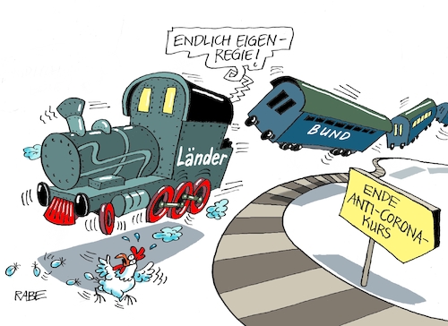 Cartoon: Entgleisung (medium) by RABE tagged virus,corona,pandemie,coronakrise,rabe,ralf,böhme,cartoon,karikatur,pressezeichnung,farbcartoon,tagescartoon,viren,virenschutz,mundschutz,desinfektion,föderal,föderalismus,ländersache,entgleisung,bund,länder,beschränkungen,lockerungen,kontaktbeschränkungen,anticorona,kurs,gleis,schiene,gleisbett,lokomotive,virus,corona,pandemie,coronakrise,rabe,ralf,böhme,cartoon,karikatur,pressezeichnung,farbcartoon,tagescartoon,viren,virenschutz,mundschutz,desinfektion,föderal,föderalismus,ländersache,entgleisung,bund,länder,beschränkungen,lockerungen,kontaktbeschränkungen,anticorona,kurs,gleis,schiene,gleisbett,lokomotive