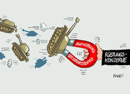 Cartoon: Exportstopp II (medium) by RABE tagged rüstungsindustrie,rüstungskonzerne,export,exportstop,saudi,arabien,panzer,beschluß,bundesregierung,rabe,ralf,böhme,cartoon,karikatur,pressezeichnung,farbcartoon,tagescartoon,kriegsgerät,gewinn,verluste,rüstungsgüter,wüstenstaaten,waffen,waffenlobby,waffenindustrie,magnet,aufhebung,rüstungsindustrie,rüstungskonzerne,export,exportstop,saudi,arabien,panzer,beschluß,bundesregierung,rabe,ralf,böhme,cartoon,karikatur,pressezeichnung,farbcartoon,tagescartoon,kriegsgerät,gewinn,verluste,rüstungsgüter,wüstenstaaten,waffen,waffenlobby,waffenindustrie,magnet,aufhebung