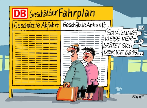 Cartoon: Fahrplanschätzungen (medium) by RABE tagged db,bahn,ag,bahnvorstand,zug,züge,verspätung,zugausfall,schienenersataz,rabe,ralf,böhme,cartoon,karikatur,tagescartoon,farbcartoon,bahnsteig,ehepaar,bahnsteigkante,ankunft,abfahrt,fahrplan,gleis,db,bahn,ag,bahnvorstand,zug,züge,verspätung,zugausfall,schienenersataz,rabe,ralf,böhme,cartoon,karikatur,tagescartoon,farbcartoon,bahnsteig,ehepaar,bahnsteigkante,ankunft,abfahrt,fahrplan,gleis