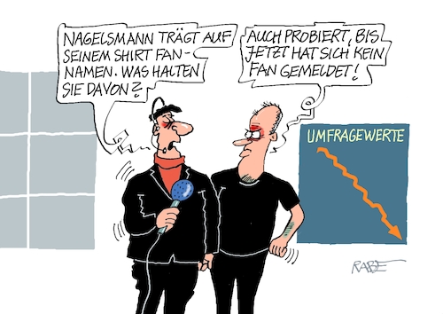 Cartoon: Fankurve (medium) by RABE tagged merz,kanzler,koalition,union,spd,klingbeil,cartoon,karikatur,pressezeichnung,farbcartoon,tagescartoon,db,bahn,frühling,frühjahr,frühjahrsputz,ice,zug,blumenkasten,blumenkästen,esc,songcontest,umfrage,umfragewerte,umfragetief,sport,wm,fußball,trainer,nagelsmann,fan,fanshirt,shirt,merz,kanzler,koalition,union,spd,klingbeil,cartoon,karikatur,pressezeichnung,farbcartoon,tagescartoon,db,bahn,frühling,frühjahr,frühjahrsputz,ice,zug,blumenkasten,blumenkästen,esc,songcontest,umfrage,umfragewerte,umfragetief,sport,wm,fußball,trainer,nagelsmann,fan,fanshirt,shirt