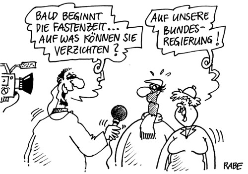 Cartoon: Fastenzeit (medium) by RABE tagged opposition,csu,grüne,linke,fdp,spd,cdu,merkel,kanzlerin,bundesregierung,abnehmen,verzichten,fastnacht,fastenzeit,koalition,schwarzgelb,regierungsarbeit,bundestagsdebatten,beschlüsse,gesetze,regelungen,politikverdrossenheit,euro,krise,entschlacken,saftdiät,fernsehkamera,videokamera,mann,frau,ehepaar,umfrage,befragung,politbarometer,fastenzeit,fastnacht,verzicht,aschermittwoch,enthaltsamkeit,bundeskabinett,bundesregierung,kanzlerin,cdu