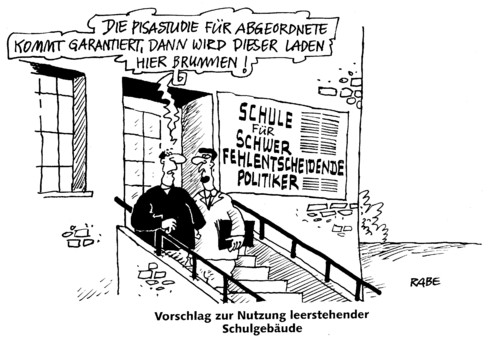 Cartoon: Fehlentscheidende Abgeordnete (medium) by RABE tagged pisatest,pisastudie,schulen,politiker,lehrer,schüler,schwer,erziehbar,fehlentscheidung,euro,kinder,vorschlag,nutzung,schulgebäude,männer,brummen,bildung,schule,studie,vergleich,schüler,prüfung,pisa,test