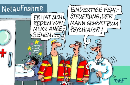 Cartoon: Fehlgesteuert (medium) by RABE tagged merz,kanzler,koalition,union,spd,klingbeil,cartoon,karikatur,pressezeichnung,farbcartoon,tagescartoon,db,bahn,frühling,frühjahr,frühjahrsputz,ice,zug,blumenkasten,blumenkästen,esc,songcontest,notfall,notfallreform,reform,notarzt,notaufnahme,patient,fehlsteuerung,einlieferung,psychiater,rettungsdienst,merz,kanzler,koalition,union,spd,klingbeil,cartoon,karikatur,pressezeichnung,farbcartoon,tagescartoon,db,bahn,frühling,frühjahr,frühjahrsputz,ice,zug,blumenkasten,blumenkästen,esc,songcontest,notfall,notfallreform,reform,notarzt,notaufnahme,patient,fehlsteuerung,einlieferung,psychiater,rettungsdienst
