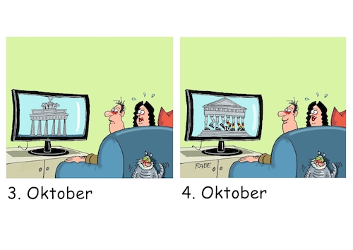 Cartoon: Feiertage (medium) by RABE tagged merz,kanzler,koalition,union,spd,klingbeil,cartoon,karikatur,pressezeichnung,farbcartoon,tagescartoon,db,bahn,frühling,frühjahr,frühjahrsputz,ice,zug,blumenkasten,blumenkästen,esc,songcontest,klopp,bundestrainer,fußball,fußballer,tv,feiertag,einheitsfeier,wiedervereinigung,mauerfall,griechenland,deutschland,fußballspiel,brandenburger,tor,akropolis,merz,kanzler,koalition,union,spd,klingbeil,cartoon,karikatur,pressezeichnung,farbcartoon,tagescartoon,db,bahn,frühling,frühjahr,frühjahrsputz,ice,zug,blumenkasten,blumenkästen,esc,songcontest,klopp,bundestrainer,fußball,fußballer,tv,feiertag,einheitsfeier,wiedervereinigung,mauerfall,griechenland,deutschland,fußballspiel,brandenburger,tor,akropolis