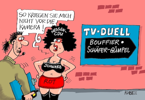 Cartoon: Fernsehduell (medium) by RABE tagged markus,söder,csu,bayern,münchen,landesvorsitzender,horst,seehofer,merkel,cdu,union,streit,unionstreit,asylstreit,ultimatum,grenze,zurückweisung,flüchtlinge,grenzkontrollen,hessen,hessenwahl,fernsehduell,torsten,schäfer,gümpel,bouffier,grüne,wahldebakel,zukunft,stimmverluste,volker,unterwäsche,rot,schwarz,bh,rock,markus,söder,csu,bayern,münchen,landesvorsitzender,horst,seehofer,merkel,cdu,union,streit,unionstreit,asylstreit,ultimatum,grenze,zurückweisung,flüchtlinge,grenzkontrollen,hessen,hessenwahl,fernsehduell,torsten,schäfer,gümpel,bouffier,grüne,wahldebakel,zukunft,stimmverluste,volker,unterwäsche,rot,schwarz,bh,rock