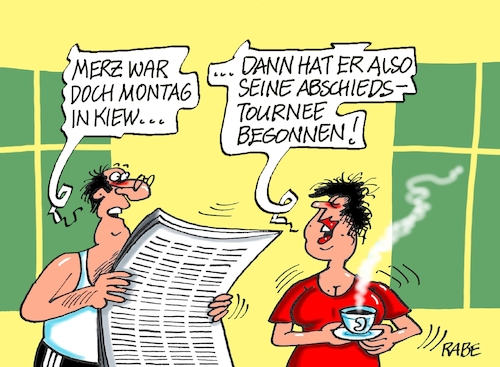 Cartoon: Final Tournee (medium) by RABE tagged merz,kanzler,koalition,union,spd,klingbeil,cartoon,karikatur,pressezeichnung,farbcartoon,tagescartoon,db,bahn,frühling,frühjahr,frühjahrsputz,ice,zug,blumenkasten,blumenkästen,esc,songcontest,abschied,abschiedstournee,kiew,besuch,montag,merz,kanzler,koalition,union,spd,klingbeil,cartoon,karikatur,pressezeichnung,farbcartoon,tagescartoon,db,bahn,frühling,frühjahr,frühjahrsputz,ice,zug,blumenkasten,blumenkästen,esc,songcontest,abschied,abschiedstournee,kiew,besuch,montag