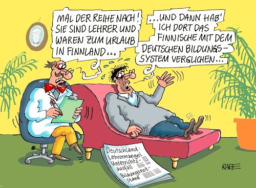 Cartoon: Finnlandurlaub (medium) by RABE tagged bildunssytem,bildungsnotstand,bildungsministerin,schüler,lehrer,lehrermangel,unterrichtsausfall,bildungsniveau,finnland,skandinavien,rabe,ralf,böhme,cartoon,karikatur,pressezeichnung,farbcartoon,tagescartoon,psychiater,liege,klapsmühle,nervenklempner,ledercouch,seelenstriptease,bildunssytem,bildungsnotstand,bildungsministerin,schüler,lehrer,lehrermangel,unterrichtsausfall,bildungsniveau,finnland,skandinavien,rabe,ralf,böhme,cartoon,karikatur,pressezeichnung,farbcartoon,tagescartoon,psychiater,liege,klapsmühle,nervenklempner,ledercouch,seelenstriptease