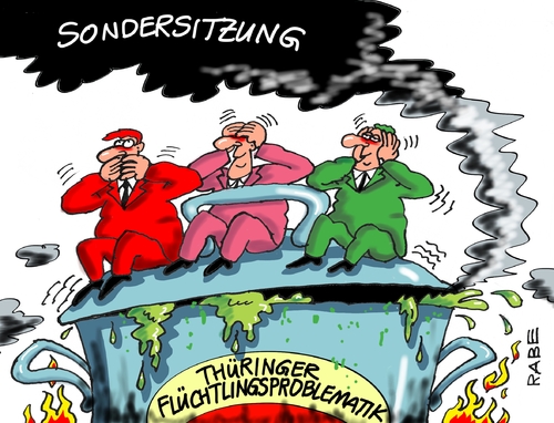 Cartoon: Flüchtlingsproblematik (medium) by RABE tagged ramelow,grün,rot,landesregierung,thüringen,flüchtlingsunterkünfte,unterbringung,flüchtlingsproblematik,flüchtlinge,tagescartoon,farbcartoon,pressezeichnung,karikatur,cartoon,böhme,ralf,rabe,qualm,sprechen,hören,sehen,affen,kochtopf,flüchtlinge,flüchtlingsproblematik,unterbringung,flüchtlingsunterkünfte,thüringen,landesregierung,rot,grün,ramelow,rabe,ralf,böhme,cartoon,karikatur,pressezeichnung,farbcartoon,tagescartoon,kochtopf,affen,sehen,hören,sprechen,qualm