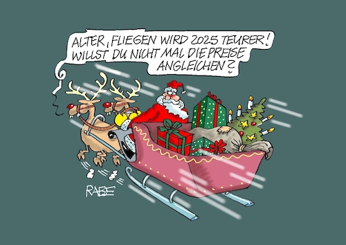 Cartoon: Flugpreis (medium) by RABE tagged ampel,ampelregierung,rot,grün,gelb,fdp,spd,grüne,rabe,ralf,böhme,cartoon,karikatur,pressezeichnung,farbcartoon,tagescartoon,inflation,einkommen,rente,rentenpaket,bruch,streit,neuwahlen,weihnachten,weihnachtsmann,flieger,flugpreis,preissteigerung,rentiere,schlitten,geschenke,ampel,ampelregierung,rot,grün,gelb,fdp,spd,grüne,rabe,ralf,böhme,cartoon,karikatur,pressezeichnung,farbcartoon,tagescartoon,inflation,einkommen,rente,rentenpaket,bruch,streit,neuwahlen,weihnachten,weihnachtsmann,flieger,flugpreis,preissteigerung,rentiere,schlitten,geschenke