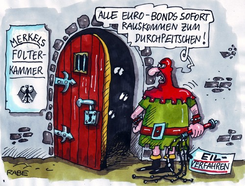 Cartoon: Folterstudio (medium) by RABE tagged bundesregierung,kanzlerin,merkel,cdu,debatte,eurobonds,euro,eurokrise,schuldenkrise,rettungsschirm,rettungsfond,sondersitzung,gesetzentwurf,eilverfahren,zustimmung,schulden,griechenland,eu,brüssel,finanzchefs,ezb,anleihen,börse,finanzmärkte,eilentscheidung,folterkammer,folterstudio,peitsche,scharfrichter,henker,henkersknecht,bundesregierung,kanzlerin,merkel,cdu,debatte,eurobonds,schuldenkrise,eurokrise,rettungsschirm,rettungsfond,sondersitzung,schulden,griechenland,brüssel,eu,zustimmung,eilverfahren