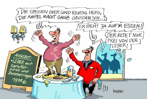 Cartoon: Frei von der Leber (medium) by RABE tagged ampelregierung,scholz,spd,grüne,fdp,lindner,kinder,kindergrundsicherung,rabe,ralf,böhme,cartoon,karikatur,pressezeichnung,farbcartoon,tagescartoon,hausmeister,ohren,zähne,schuldenbremse,haushaltsloch,restaurant,gaststätte,kellner,ober,rede,scheiss,gast,tisch,essen,lokal,leber,kartoffelpüree,apfelringe,organ,ampelregierung,scholz,spd,grüne,fdp,lindner,kinder,kindergrundsicherung,rabe,ralf,böhme,cartoon,karikatur,pressezeichnung,farbcartoon,tagescartoon,hausmeister,ohren,zähne,schuldenbremse,haushaltsloch,restaurant,gaststätte,kellner,ober,rede,scheiss,gast,tisch,essen,lokal,leber,kartoffelpüree,apfelringe,organ