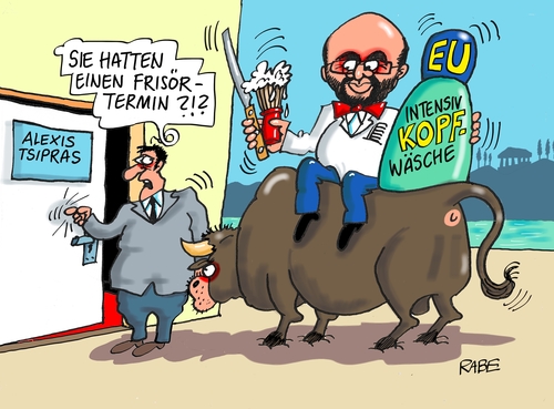 Cartoon: Frisörsalon Schulz (medium) by RABE tagged cartoon,böhme,ralf,rabe,tsipras,rechtspopulisten,linksbündnis,parlamentswahl,athen,griechenland,eurozone,brüssel,schulz,martin,parlamentsvorsitzender,eu,karikatur,pressezeichnung,farbcartoon,tagescartoon,frisör,haar,haarwäsche,kopfwäsche,shampoo,stier,eu,parlamentsvorsitzender,martin,schulz,brüssel,eurozone,griechenland,athen,parlamentswahl,linksbündnis,rechtspopulisten,tsipras,rabe,ralf,böhme,cartoon,karikatur,pressezeichnung,farbcartoon,tagescartoon,frisör,haar,haarwäsche,kopfwäsche,shampoo,stier