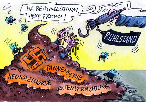 Cartoon: Fromme Botschaft (medium) by RABE tagged verfassungsschutz,verfassungsschutzpräsident,fromm,rücktritt,rückzug,ruhestand,bundesinnenminister,friedrich,csu,pannen,pannenserie,neonazimorde,nazi,neonazi,aktenvernichtung,bnd,mann,rettungsschirm,dönermorde,neonazitrio,zwickau,terror,terrorzelle,aufklärung,bka,polizei,geheimdienst,thüringen,nsu,tschäpe,braun,scheisse,scheisshaufen,fliegen,hakenkreuz,verfassungsschutz,verfassungsschutzpräsident,rückzug,friedrich