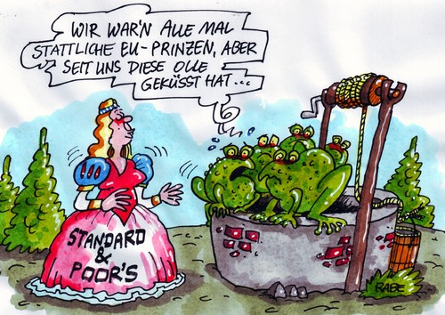 Cartoon: Froschküsserei (medium) by RABE tagged rating,ratingagentur,moodys,usa,standard,and,poors,abwertung,herabstufung,euro,eurokrise,eu,brüssel,eurozone,schuldenkrise,deutschland,frankreich,merkel,kanzlerin,cdu,sarkozy,österreich,griechenland,spanien,portugal,italien,märchen,brüder,grimm,hausmärchen,froschkönig,frösche,prinzessin,brunnen,prinz,kuss,küssen,kröten,ratingagentur,moodys,usa,euro,eurokrise