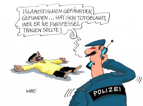 Cartoon: Fußfessel (medium) by RABE tagged islamisten,gefährder,is,terroristen,fußfessel,innenminister,anschläge,rabe,ralf,böhme,cartoon,karikatur,pressezeichnung,farbcartoon,tagescartoon,polizei,innenministerium,polizist,tot,handy,verbrechen,islamisten,gefährder,is,terroristen,fußfessel,innenminister,anschläge,rabe,ralf,böhme,cartoon,karikatur,pressezeichnung,farbcartoon,tagescartoon,polizei,innenministerium,polizist,tot,handy,verbrechen