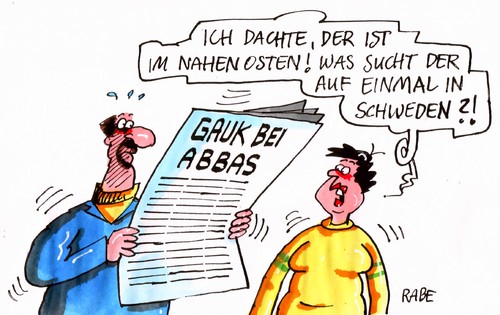 Cartoon: Gauk trifft Abbas (medium) by RABE tagged gauk,bundespräsident,staatsbesuch,israel,nahostreise,naher,osten,palästina,palästinenser,palästinenserchef,abbas,friedensgespräche,palästinenserpräsident,siedlungspolitik,siedlungsstopp,friedensprozess,ramallah,schweden,abba,popgruppe,popmusik,gauk,bundespräsident,staatsbesuch,nahostreise,israel,palästina,abbas