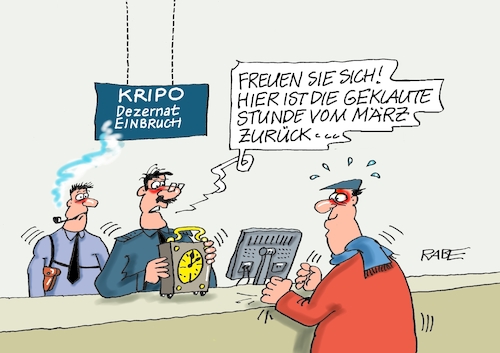Geklaute Stunde (medium) Cartoon: Geklaute Stunde (medium) by RABE tagged zeitumstellung,winterzeit,sommerzeit,stunde,uhr,uhrenumstellung,kripo,dezernat,fundsachen,uhren,zeitumstellung,winterzeit,sommerzeit,stunde,uhr,uhrenumstellung,kripo,dezernat,fundsachen,uhren