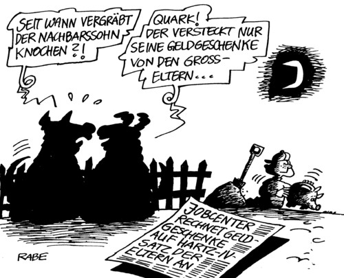 Cartoon: Geldgeschenk (medium) by RABE tagged geld,geldgeschenk,euro,krise,jobcenter,hartz,iv,sozialhilfe,arbeitslosenhilfe,arbeitslosigkeit,gewerkschaft,sparschwein,gelpräsent,behörden,ämter,sozialministerium,bundesregierung,kanzlerin,von,der,leyen,cdu,oma,opa,grosseltern,eltern,enkel,kind,garten,spaten,knochen,hunde,mond,mondschein,gartenzaun,erspartes,schatztruhe,geld,geldgeschenk,schatztruhe,sparschwein,erspartes,euro,krise,schuldebkrise,bundesregierung,arbeitsamt