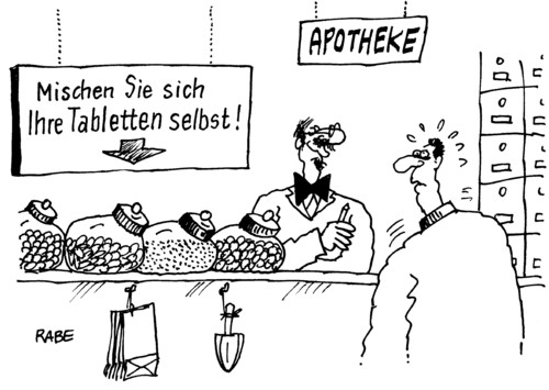 Cartoon: Gemischtes (medium) by RABE tagged tabletten,beipackzettel,pillen,verkäufer,apotheker,apothekenrundschau,apotheke,pharmazie,zäpfchen,medikamente,medizin,patient,kunde,ladentisch,pastillen,zuzahlung,rezept,doktor,arzt,gesundheitsminister,gesundheit,packung,dose,behälter,mixen,mischung,fdp,bahr,apothekennotdienst,tabletteneinnahme,tablettenmischung,schaufel,tüten,glas,pillendreher,pharmazie,apotheke,apotheker,verkäufer,pillen,tabletten,medizin,medikamente