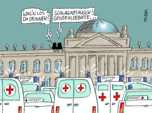 Cartoon: Generaldebatte (medium) by RABE tagged klimawandel,umwelt,umweltministerin,schulze,sp,klimapreis,heizung,auto,rabe,ralf,böhme,cartoon,karikatur,pressezeichnung,farbcartoon,tagescartoon,brücke,bettler,verkehr,klimaprämie,friday,for,future,bundestag,reichtagsgebäude,generaldebatte,haushaltsdebatte,katzen,notarzt,schlagabtausch,rettungsdienst,merkel,klimakanzlerin,klimawandel,umwelt,umweltministerin,schulze,sp,klimapreis,heizung,auto,rabe,ralf,böhme,cartoon,karikatur,pressezeichnung,farbcartoon,tagescartoon,brücke,bettler,verkehr,klimaprämie,friday,for,future,bundestag,reichtagsgebäude,generaldebatte,haushaltsdebatte,katzen,notarzt,schlagabtausch,rettungsdienst,merkel,klimakanzlerin