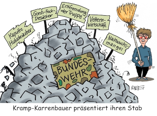 Cartoon: Generalstabwechsel II (medium) by RABE tagged europawahl,mai,brüssel,eu,rabe,ralf,böhme,cartoon,karikatur,pressezeichnung,farbcartoon,tagescartoon,kreistag,kreistagswahlen,wahlsonntag,sitze,kandidaten,wahlcoaching,wähler,wählercoaching,coach,von,der,leyen,akk,kramp,karrenbauer,bundeswehr,vereidigung,bundesverteidigungsministerin,vetternwirtschaft,hubschrauber,desaster,gorch,fock,nachwuchsmangel,trümmerhaufen,besen,schutt,stab,generalstab,stabswechsel,europawahl,mai,brüssel,eu,rabe,ralf,böhme,cartoon,karikatur,pressezeichnung,farbcartoon,tagescartoon,kreistag,kreistagswahlen,wahlsonntag,sitze,kandidaten,wahlcoaching,wähler,wählercoaching,coach,von,der,leyen,akk,kramp,karrenbauer,bundeswehr,vereidigung,bundesverteidigungsministerin,vetternwirtschaft,hubschrauber,desaster,gorch,fock,nachwuchsmangel,trümmerhaufen,besen,schutt,stab,generalstab,stabswechsel