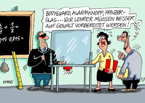 Cartoon: Gewaltbereitschaft (medium) by RABE tagged lehrer,schüler,schulklasse,bildung,bildungsministerium,klassenzimmer,rabe,ralf,böhme,cartoon,karikatur,pressezeichnung,farbcartoon,tagescartoon,lehrerpult,gewalt,gewaltbereitschaft,mobbing,rassismus,bodyduard,personenschützer,panzerglas,alarmknopf,lehrer,schüler,schulklasse,bildung,bildungsministerium,klassenzimmer,rabe,ralf,böhme,cartoon,karikatur,pressezeichnung,farbcartoon,tagescartoon,lehrerpult,gewalt,gewaltbereitschaft,mobbing,rassismus,bodyduard,personenschützer,panzerglas,alarmknopf