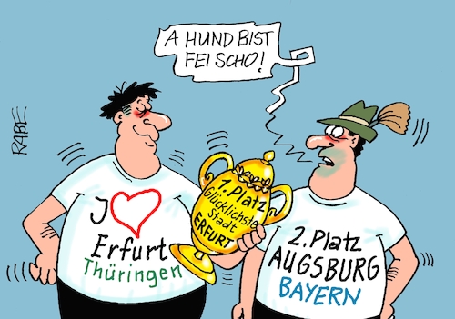 Cartoon: Glücklichste Stadt (medium) by RABE tagged merz,kanzler,koalition,union,spd,klingbeil,cartoon,karikatur,pressezeichnung,farbcartoon,tagescartoon,db,bahn,frühling,frühjahr,frühjahrsputz,ice,zug,blumenkasten,blumenkästen,esc,songcontest,glück,glücksatlast,ranking,platz,erfurt,thüringen,augsburg,bayern,hund,merz,kanzler,koalition,union,spd,klingbeil,cartoon,karikatur,pressezeichnung,farbcartoon,tagescartoon,db,bahn,frühling,frühjahr,frühjahrsputz,ice,zug,blumenkasten,blumenkästen,esc,songcontest,glück,glücksatlast,ranking,platz,erfurt,thüringen,augsburg,bayern,hund