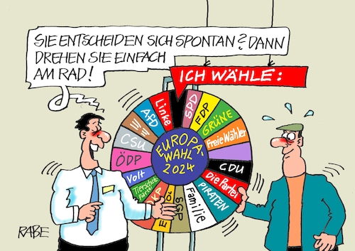 Cartoon: Glücksrad (medium) by RABE tagged wahl,wahlomat,wahlkämpfer,europawahl,landtagswahl,wähler,wahlplakate,rabe,ralf,böhme,cartoon,karikatur,pressezeichnung,farbcartoon,tagescartoon,briefwahl,briefwähler,stimmzettel,brief,briefkuvert,stimmabgabe,stimmrad,glücksrad,rummel,drehscheibe,spontanität,entscheidung,wahllokal,rad,wahl,wahlomat,wahlkämpfer,europawahl,landtagswahl,wähler,wahlplakate,rabe,ralf,böhme,cartoon,karikatur,pressezeichnung,farbcartoon,tagescartoon,briefwahl,briefwähler,stimmzettel,brief,briefkuvert,stimmabgabe,stimmrad,glücksrad,rummel,drehscheibe,spontanität,entscheidung,wahllokal,rad