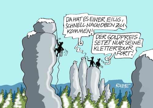 Cartoon: Gold klettert (medium) by RABE tagged merz,kanzler,koalition,union,spd,klingbeil,cartoon,karikatur,pressezeichnung,farbcartoon,tagescartoon,bürokratie,verwaltung,beamte,modernisierung,monster,drachen,schwert,holzschwert,nägel,säge,gold,goldpreis,börse,anleger,unze,feinunze,edelmetall,silber,goldbarren,bergsteiger,seilschaft,gipfel,merz,kanzler,koalition,union,spd,klingbeil,cartoon,karikatur,pressezeichnung,farbcartoon,tagescartoon,bürokratie,verwaltung,beamte,modernisierung,monster,drachen,schwert,holzschwert,nägel,säge,gold,goldpreis,börse,anleger,unze,feinunze,edelmetall,silber,goldbarren,bergsteiger,seilschaft,gipfel