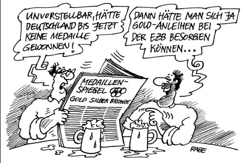 Cartoon: Goldanleihen (medium) by RABE tagged medaille,medaillenspiegel,gold,silber,bronze,siegerehrung,siegerpodest,deutschland,edelmetall,siegertreppchen,winner,gewinner,anleihen,ezb,euro,krise,banken,spekulanten,finanzchefs,fiskalpakt,rettungsschirm,scguldenschnitt,eurobomds,kredit,olympiade,spiele,sport,london,england,wettkämpfe,disziplinen,sieger,wettkämpfer,sportler,athleten,schwimmer,athletinnen,leichtathleten,schwerathleten,doping,griechenland,athen,läufer,sprinter,aschenbahn,feuer,fackel,fackelträger,flamme,olympiafackel,geldanleihen,goldanleihen