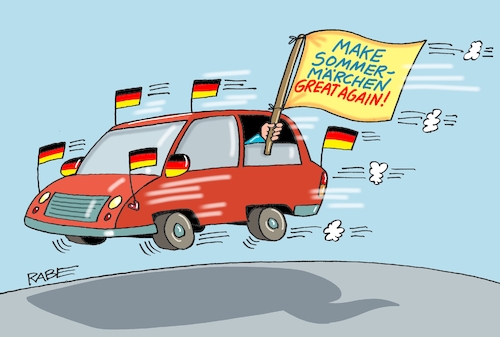 Cartoon: Great Again Sommermärchen (medium) by RABE tagged fußball,fussball,bundesliga,meistertitel,fußballer,bayern,münchen,bayer,leverkusen,rabe,ralf,böhme,cartoon,karikatur,pressezeichnung,frabcartoon,tagescartoon,schild,meister,schuß,ecke,eckball,sport,em,europameisterschaft,deutschland,sieg,schottland,pkw,fanmeile,fahnen,deutschlandfahne,auto,überzieher,spiegelüberzieher,fußball,fussball,bundesliga,meistertitel,fußballer,bayern,münchen,bayer,leverkusen,rabe,ralf,böhme,cartoon,karikatur,pressezeichnung,frabcartoon,tagescartoon,schild,meister,schuß,ecke,eckball,sport,em,europameisterschaft,deutschland,sieg,schottland,pkw,fanmeile,fahnen,deutschlandfahne,auto,überzieher,spiegelüberzieher