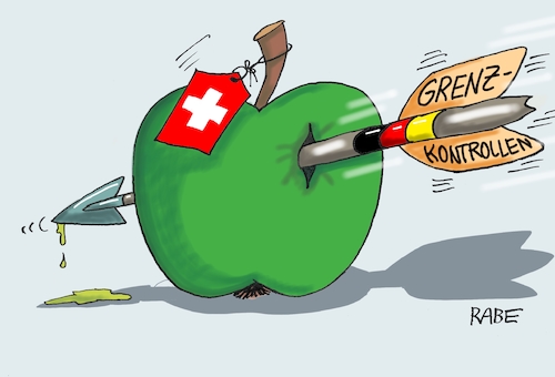 Cartoon: Grenzkontrollen Schweiz (medium) by RABE tagged seehofer,horst,csu,innenminister,grenzkontrollen,grenze,schweiz,ankerzentren,flüchtlinge,rabe,ralf,böhme,cartoon,karikatur,pressezeichnung,farbcartoon,tagescartoon,apfel,obst,tirol,wilhelm,tell,armbrust,volksheld,armbrustbolzen,frankfurt,hauptbahnhof,gleisbett,tod,kind,schubser,seehofer,horst,csu,innenminister,grenzkontrollen,grenze,schweiz,ankerzentren,flüchtlinge,rabe,ralf,böhme,cartoon,karikatur,pressezeichnung,farbcartoon,tagescartoon,apfel,obst,tirol,wilhelm,tell,armbrust,volksheld,armbrustbolzen,frankfurt,hauptbahnhof,gleisbett,tod,kind,schubser