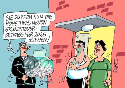 Cartoon: Grundsteuerreform (medium) by RABE tagged ampel,ampelregierung,rot,grün,gelb,fdp,spd,grüne,rabe,ralf,böhme,cartoon,karikatur,pressezeichnung,farbcartoon,tagescartoon,inflation,einkommen,rente,rentenpaket,bruch,streit,neuwahlen,grundsteuer,festlegung,hausbesitzer,betrag,höhe,reform,grundsteuerreform,lostrommel,tombola,behörde,hauseigentümer,ampel,ampelregierung,rot,grün,gelb,fdp,spd,grüne,rabe,ralf,böhme,cartoon,karikatur,pressezeichnung,farbcartoon,tagescartoon,inflation,einkommen,rente,rentenpaket,bruch,streit,neuwahlen,grundsteuer,festlegung,hausbesitzer,betrag,höhe,reform,grundsteuerreform,lostrommel,tombola,behörde,hauseigentümer