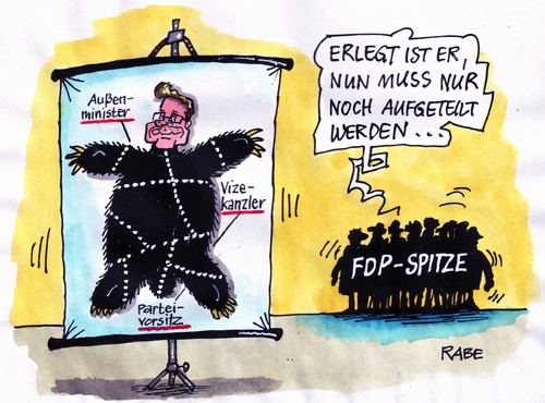 Cartoon: Guido augeteilt (medium) by RABE tagged westerwelle,lindner,rösler,präsidiumssitzung,parteispitze,parteiführung,parteivorsitzender,außenminister,gesundheitsminister,generalsekretär,fdp,kanzlerin,führungskrise,cdu,krise,euro,rücktritt,merkel,opposition,koalition,schwarzgelb,parteitag,vizekanzler,parteivorsitz,parteiposten,erlegen,aufteilung,fell,bärenfell,jagd,treibjagd,diskussion,pressekonferenz,westerwellenachfoler,favorit,regierungsmitglied,parteikreis,amt,landeschef,bundestagsfraktion,bundesvorstand,brüderle,minister,staatssekretär,landesverband,wahl,druck,abgabe,verfügung,ressort,neuverteilung,westerwelle,lindner,rösler,parteispitze,parteiführung,parteivorsitzender,außenminister,gesundheitsminister