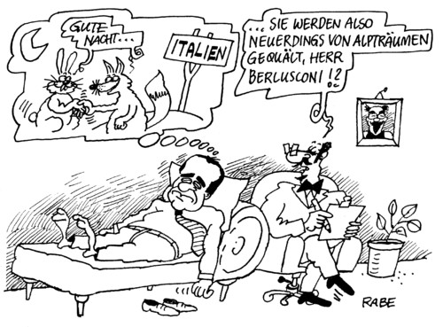 Cartoon: Gute Nacht (medium) by RABE tagged italien,berlusconi,euro,krise,eu,brüssel,rettungsschirm,ratingagentur,kanzlerin,merkel,cdu,finanzminister,griechenland,athen,portugal,irland,kreditwürdigkeit,rettungspaket,hilfspaket,steuerzahler,falptraum,fuchs,hase,qual,psychiater,seelenklempner,couch,traum,psychose,doktor,patient,freud,tiere,mond,mondschein,abwertung,dax,devisenkurs,berlusconi,italien,mafia,ministerpräsident,kanzlerin,merkel,cdu,bundesregierung
